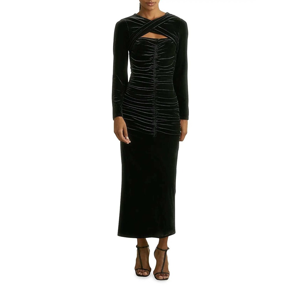 Reiss Sia Velvet Ruched Midi Dress 4 Black Long Sleeve Formal‎ Event Gala Guest